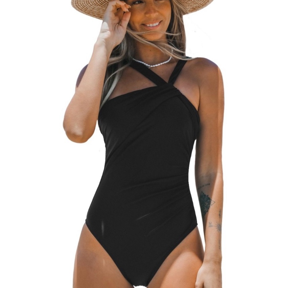 NWT Cupshe Black Asymmetrical One Piece Swimsuit with tummy control